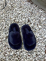 Тёплые пушистые женские меховые комнатные тапочки (черный цвет)