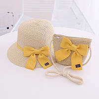Комплект детская солнцезащитная соломенная шляпа канотье с ровными полями и соломенная сумочка цвет кремовый