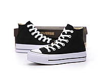 Женские высокие кеды Converse (чёрные с белым) молодёжная модная обувь на платформе К14414 top