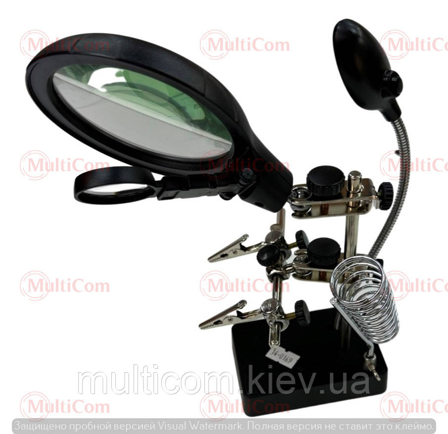 14-02-116. Третя рука з лупою, заблим. 2,5х д.-90 мм + 8хд.-34 мм, підсв. LED + підст. під паяль., MG16129-C, фото 1