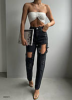 Трендові жіночі джинси мом графіт із високою посадкою, рвані сірі джинси Туреччина