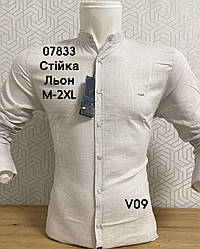 Лляна сорочка з довгим рукавом Black Stone стійка V09
