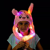 Детская светящаяся шапка с движущими ушки зайчик розовый