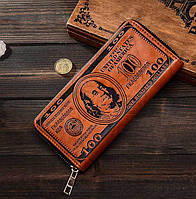 Мужской клатч портмоне доллар 100$ коричневый Светло-коричневый