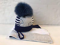 Красивый детский комплект шапка + шарф для мальчика BARBARAS Польша WV56 / LE Синий ӏ Одежда для мальчиков