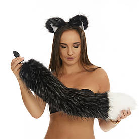 Анальна пробка з хвостиком, Чорний із білим кінчиком, OKOVA 68 см.