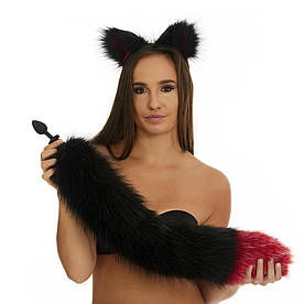 Анальна пробка з хвостиком, Чорний із червоним кінцем OKOVA 68 см