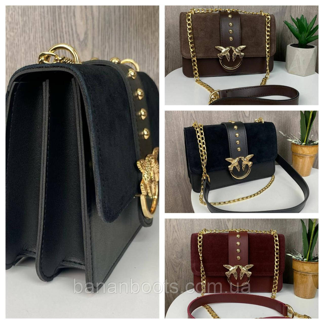 Замшева жіноча міні сумочка клатч з птахами Пінко, фото 1