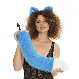 Анальна пробка з хвостиком, Блакитний із білим кінцем OKOVA 68 см