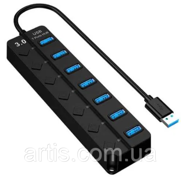 Концентратор на 7 портів чорний USB-хаб HUB з вимикачами