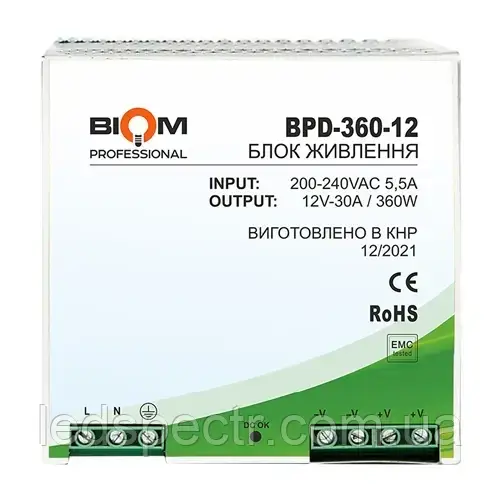Блок живлення Biom на DIN-рейку TH35/ЕС35 360W 30A 12V IP20 BPD-360-12