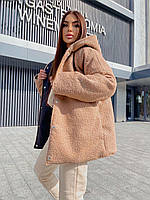 Новинка двусторонняя зимняя женская куртка эко-мех овчина, плащевка на синтепоне; размер 42-48 oversize Бежевый