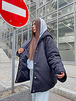 Новинка двусторонняя зимняя женская куртка эко-мех овчина, плащевка на синтепоне; размер 42-48 oversize Черный