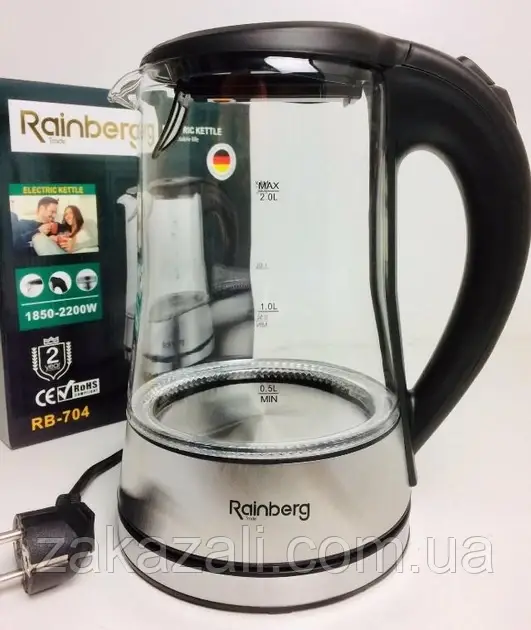 Скляний електричний чайник на 2 літри Rainberg RB704 з LED підсвічуванням 2200W Black