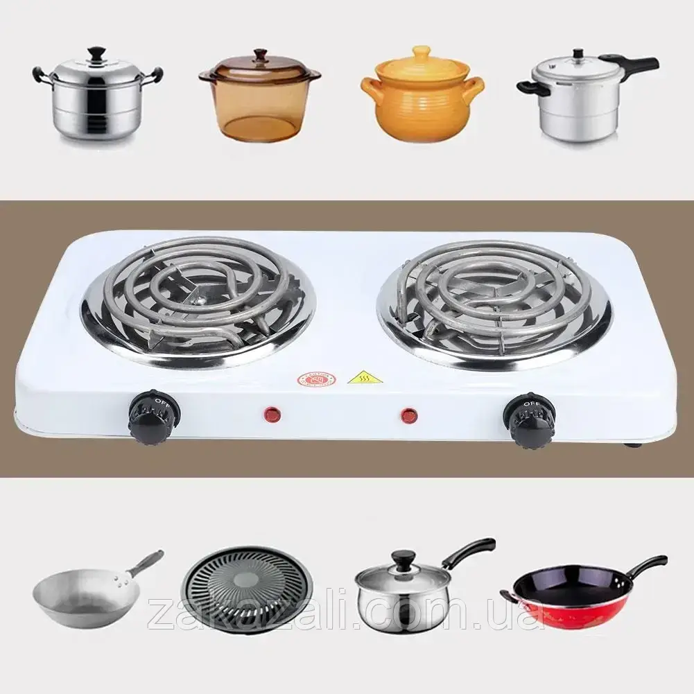 Електрична настільна плита дві конфорки Hot Plate HP-JX2020B спіральний тен, 2 кВт, 5 режимів Білий UKG