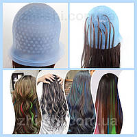Міцна багаторазова силіконова шапочка для фарбування та мелірування волосся + гачок - блакитна