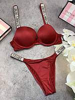 Комплект жіночий Victoria's Secret Model Rhinestone двійка топ + трусики темно червоний kk 004