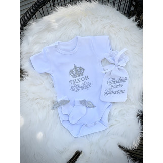 Боді з коротким рукавом+шкарпетки з крильцям+мішок для локона (срібло, корона М3), фото 1