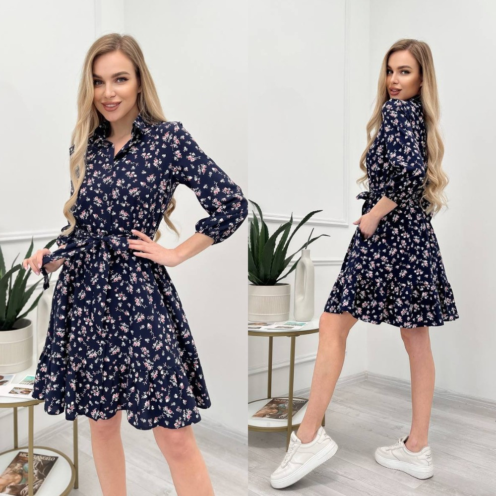 Плаття-сорочка в квітку на ґудзиках із поясом у комплекті, фото 1