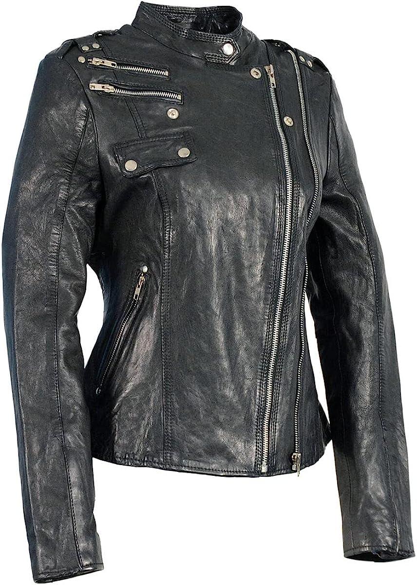 Жіноча чорна шкіряна мотоциклетна куртка Milwaukee Leather SFL2845 з асиметричною блискавкою