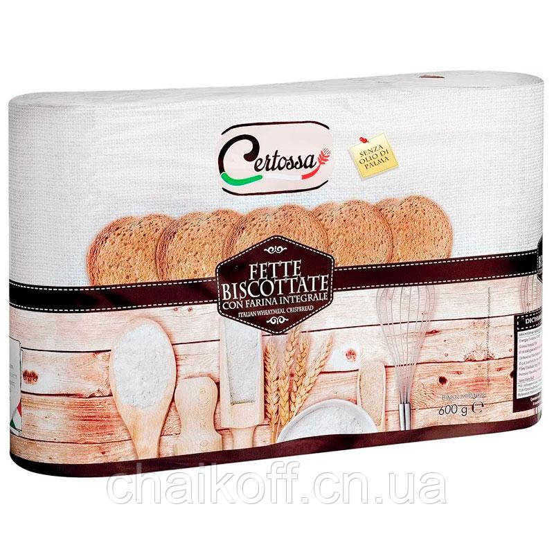 Хлібці-сухарики з цілозернового борошна Certossa Fette Biscottate Integrale 600 г (Італія), фото 1