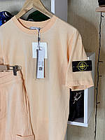 Жовтогарячий костюм футболка + шорти Stone Island чоловіча Стоун Айленд із патчем