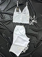 Женская пижама для невесты брюки и майка с кружевом