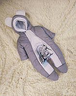 Зимний комбинезон для новорожденных 56-62 размер, серый с принтом Заяц, плащёвка на флисе