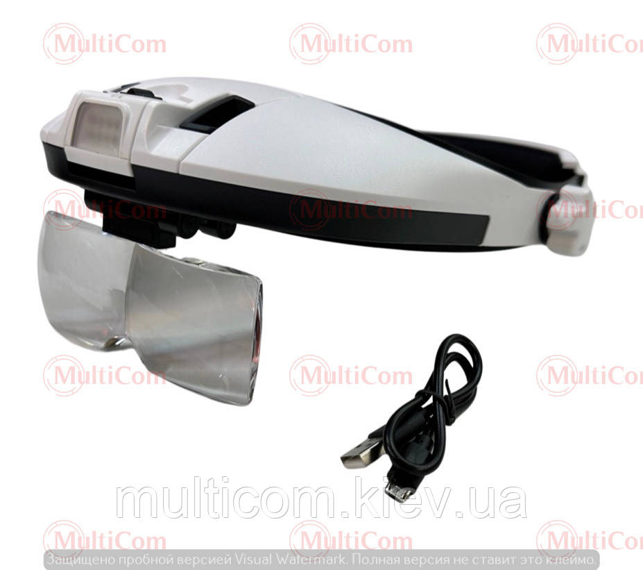 14-03-070. Лупа бінокуляр налобна, 5 змінних лінзи: 1х; 1,5х; 2х; 2,5 х; 3,5 х, LED підс., 3,7 V акум., MG81001NC, фото 1