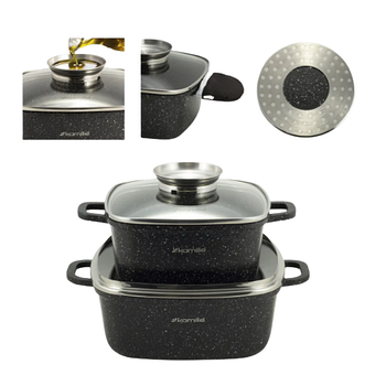 Набір каструль 5 предметів квадратні (каструлі d20см-2,3л/24см-4,4л + прихватки) 4434 KAMILLE