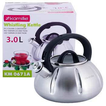 Чайник 3л нержавіюча сталь зі свистком зі скляною кришкою (ручка:чорний) 0671A KAMILLE