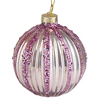 Стеклянный елочный шар розовый с глиттером и пайетками 10 см (уп.- 6 шт.)