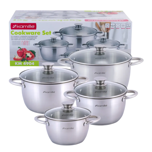 Набір каструль 8 предметів (каструлі 1,5/2/3/5л) нержавіюча сталь порожнисті ручки 4904 KAMILLE, фото 1