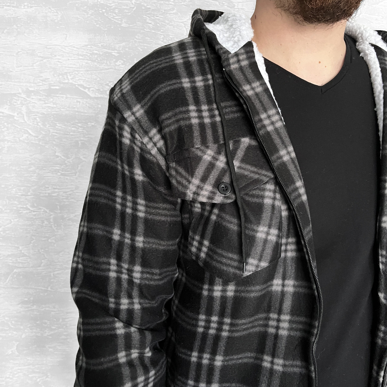 Кофта-рубашка мужская на меху с карманами Куртка с капюшоном Черный+белый XL - фото 2 - id-p1899225388