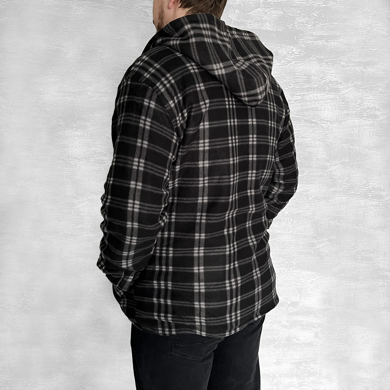Кофта-рубашка мужская на меху с карманами Куртка с капюшоном Черный+белый XL - фото 3 - id-p1899225388