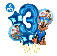 Набор фольгированных шаров Щенячий патруль с синей цифрой 3, воздушные шары Чейз Гонщик 6 шт