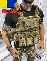 Плитоноска мультикам Single Sword 4 точки сброса, армейский разгрузочный жилет, плитоноска разгрузка +подсумки