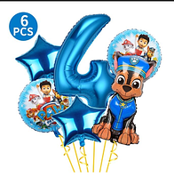 Кулі повітряні фольговані Щенячий патруль Чейз Гонщик, набір кульок із цифрою 4 синьою 6 шт