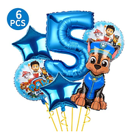 Кулі повітряні фольговані Щенячий патруль Чейз Гонщик, набір кульок із цифрою 5 синьою 6 шт