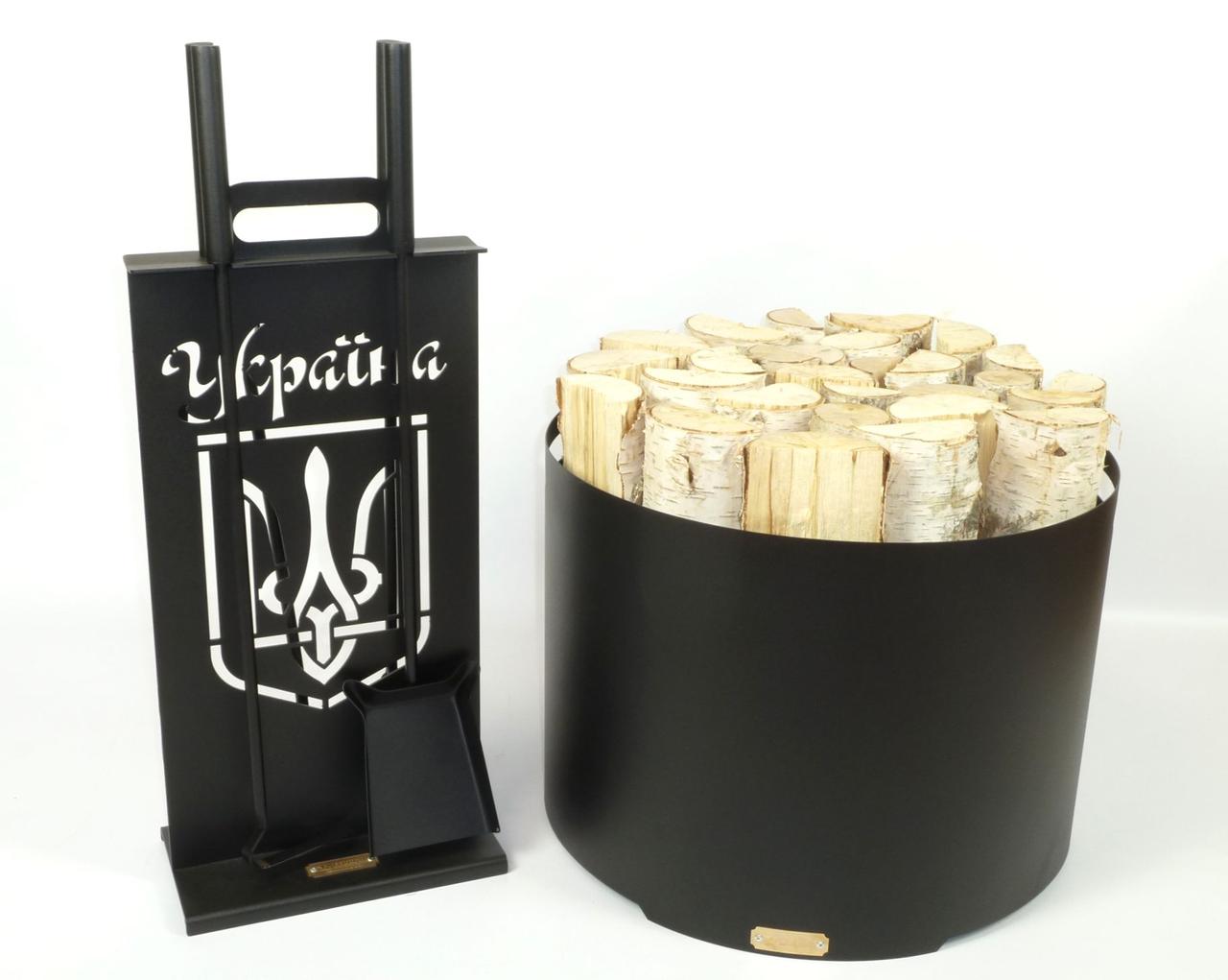 Камінний набір "Україна" та кошик для дров "Бочка".