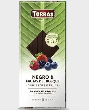 Шоколад чорний без цукру та глютену з лісовими ягодами Torras Stevia Negro&Frutas del Bosquo 125 г Іспанія, фото 1
