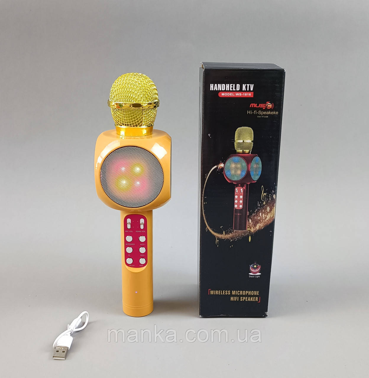 Мікрофон золотий  С 60086 , караоке, bluetooth, USB, колонка, в коробці, фото 1