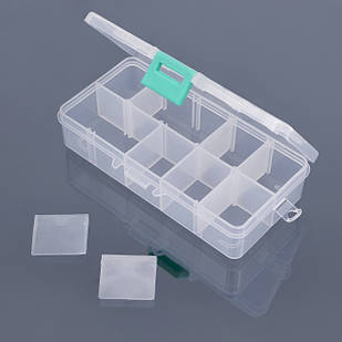 Контейнер для Бісера та Бусин, Пластик, Прямокутний, на 10 Відсіків, Колір: Білий, Розмір: 13.5x7x3см, 1 шт