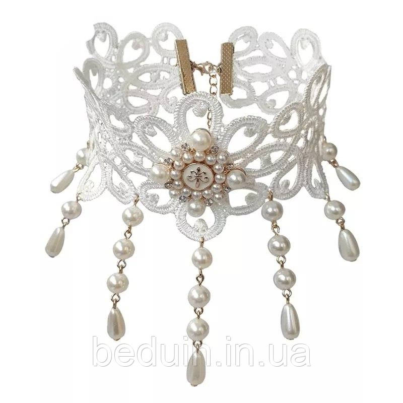 Вінтажний мереживний Чокер у стилі CottageCore "Eleanora" з перлинами — білий Aushal Jewellery, фото 1