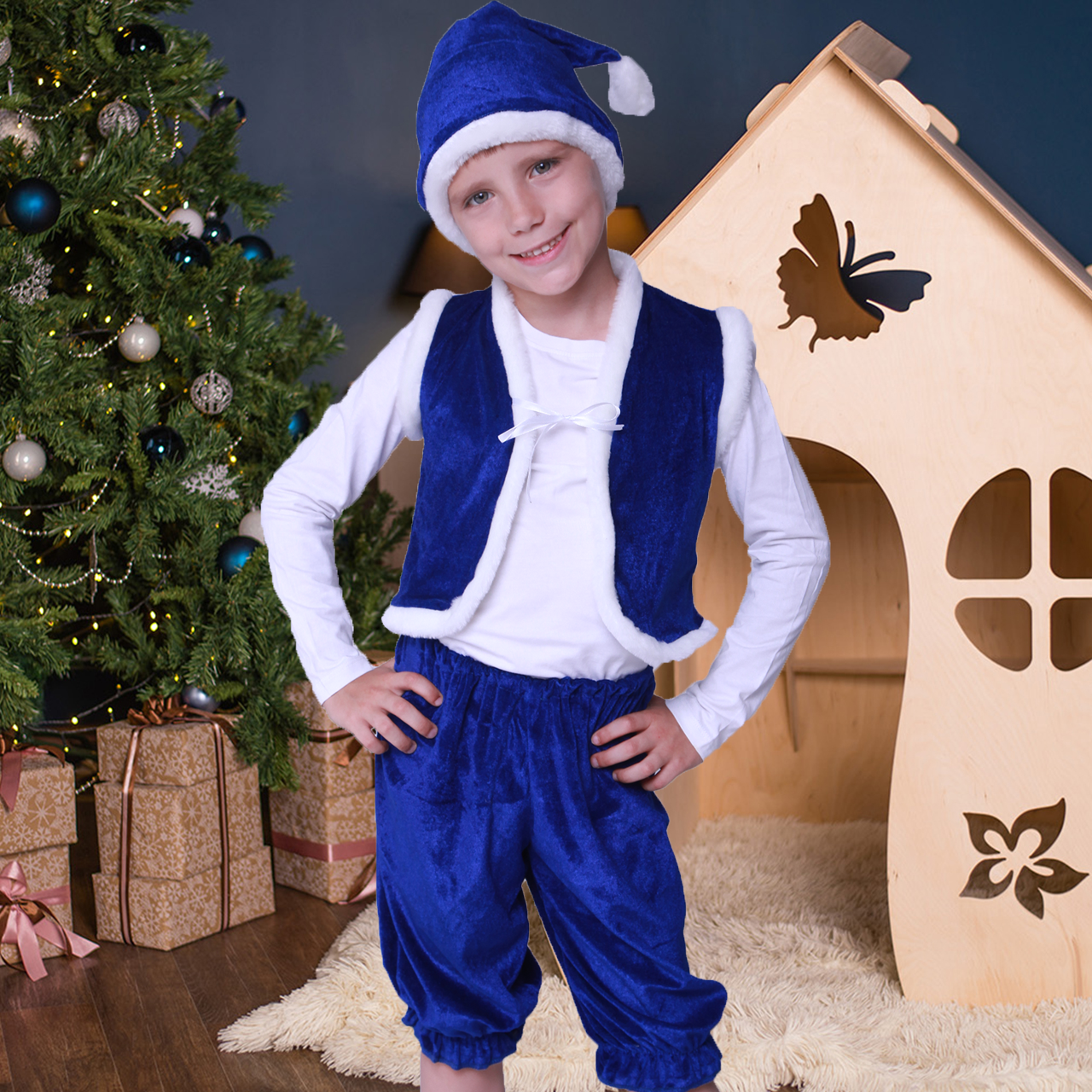 Дитячий синій карнавальний костюм гнома для хлопчика, фото 1