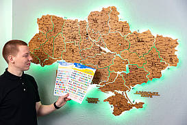 Дерев'яна карта України на акрилі в сірих тонах багатошарова з підсвічуванням