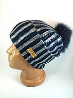 Жіноча шапка синя зимова в'язана з бубоном відворотом Жіночі шапки ugg з помпоном тепла на флісі різні кольори