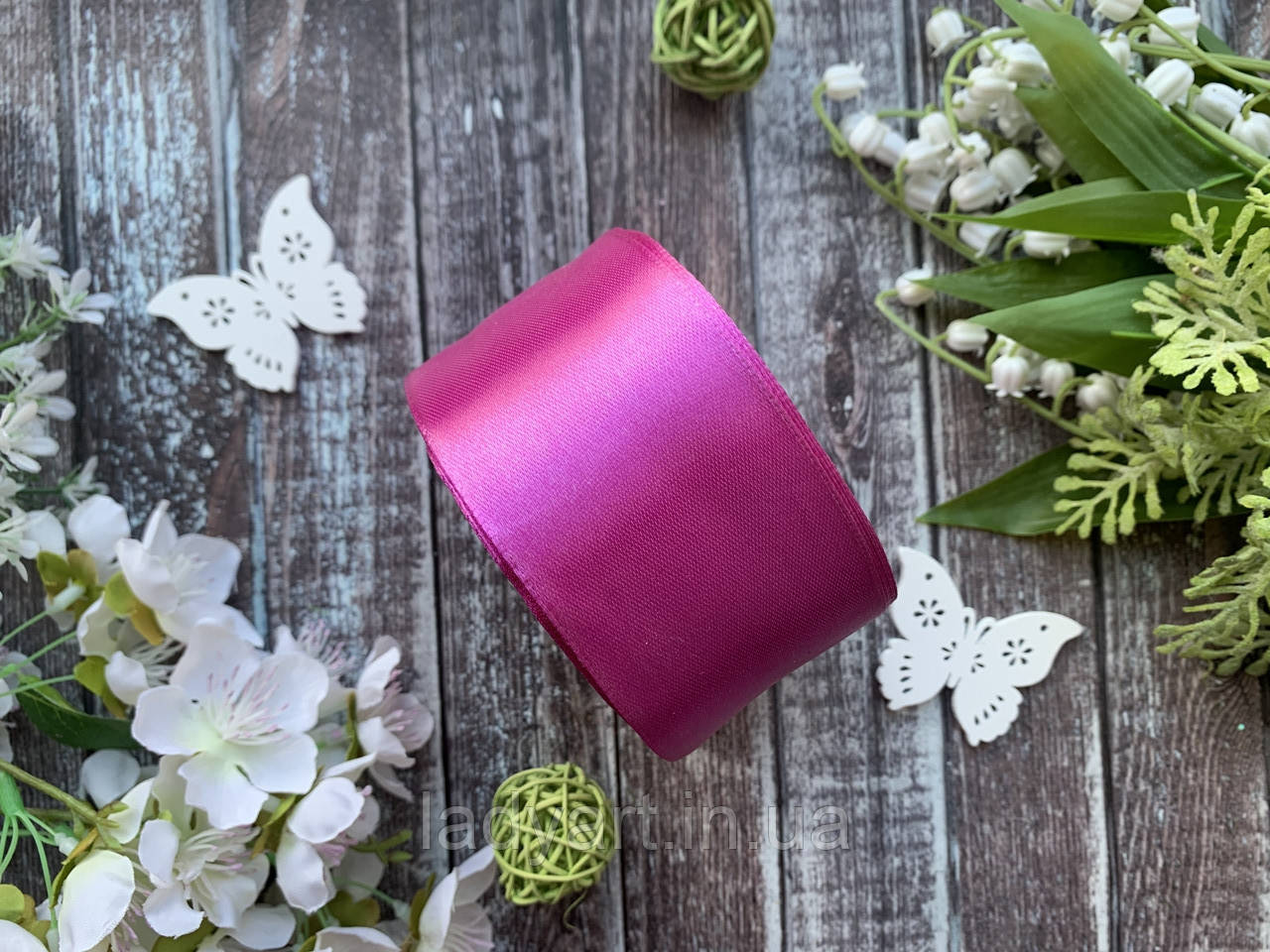 Атласна стрічка 5 см, 36 ярд (приблизно 33 м), кольору "фуксія" гуртом, фото 1