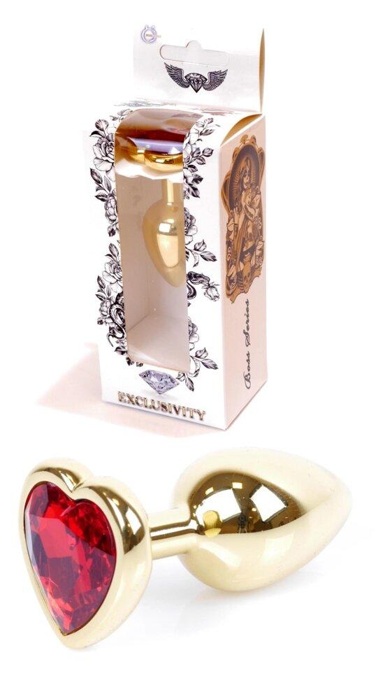 Металева анальна пробка з червоним кристалом у вигляді серця Boss Series - Jewellery Gold Heart PLUG Red S