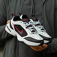 Кроссовки мужские Nike Air Monarch черно-белые с красным, Найк Аир Монарх кожаные, код IN-1202